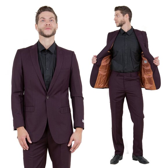 Mens 2-Piece Pick Stitch Suit, Slim-Fit Plum